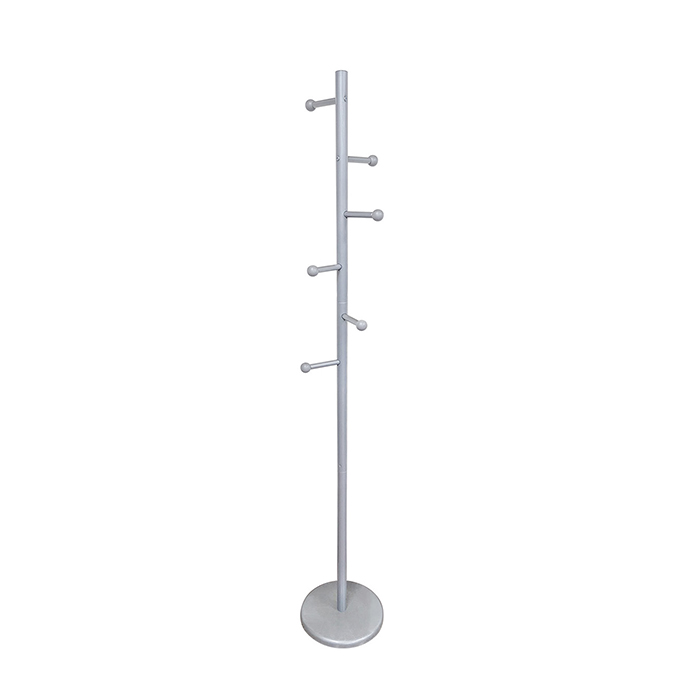 Floor Stand Clothes and Hat Rack with 6 Wooden Knob Hooks (Silver Powder coating)